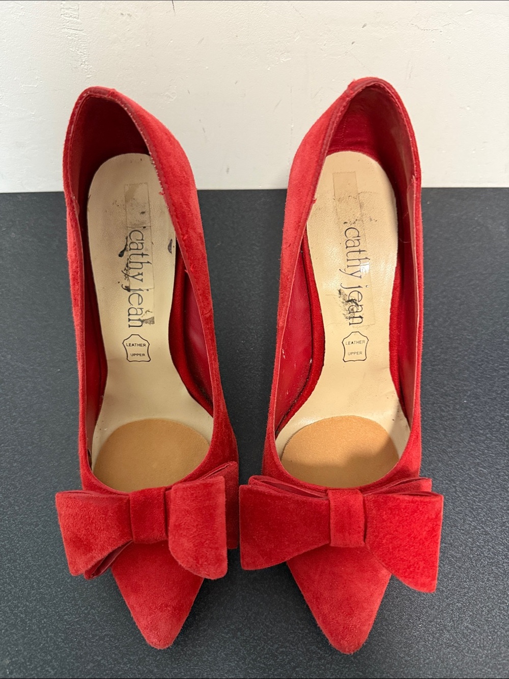 Cathy Jean Red Suede Pointed Pumps with Bow Accent